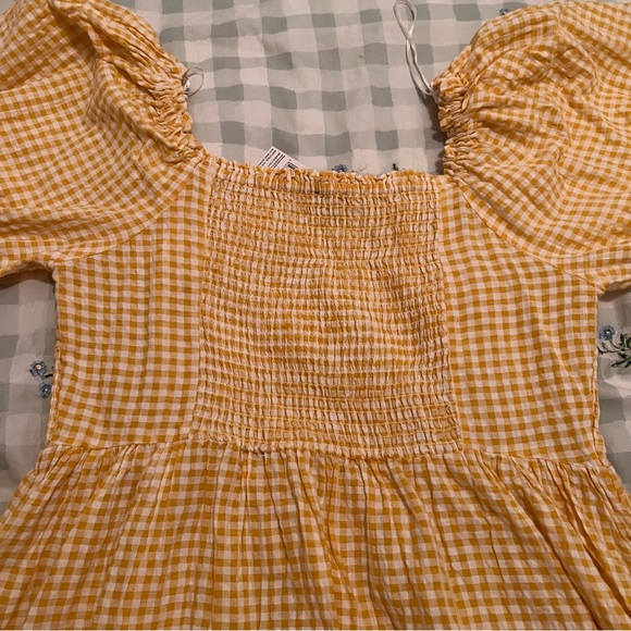 NEW Yellow Gingham Shirred Midi Dress - Picture 4 of 5